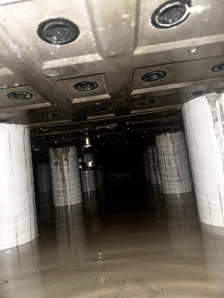 Underfloor chamber showing filter floor support and water level